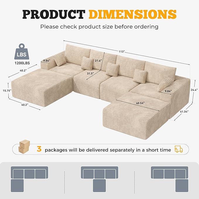 146" Modular Sectional Sofa, Convertible U-Shaped Cloud Couches for Living Room with Ottoman, 6 Seater Corduroy Boneless Couch Sofa Set, No Assembly Required, Khaki 1 PCS