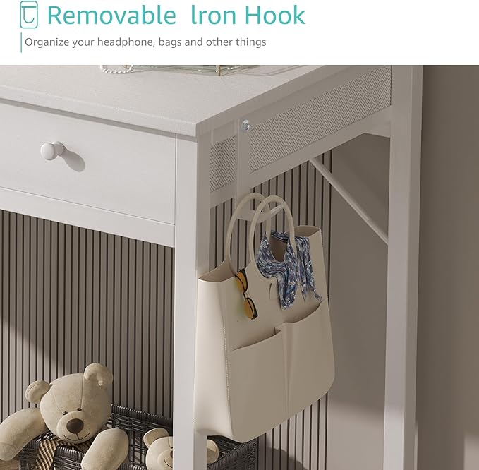 Lufeiya White Makeup Vanity Desk with Mirror and Lights, 40 inch Make Up Vanity Desks with Fabric Drawers & Power Outlet, Dressing Table and Chair Set for Girls Bedroom, White