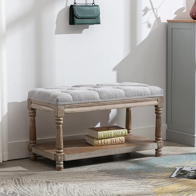 DUOMAY Farmhouse Tufted Storage Ottoman Bench with Shelf, 31.5" Width Linen Upholstered Entryway Shoe Ottoman Foot Stool for Bedroom Living Room Dining Room, Grey