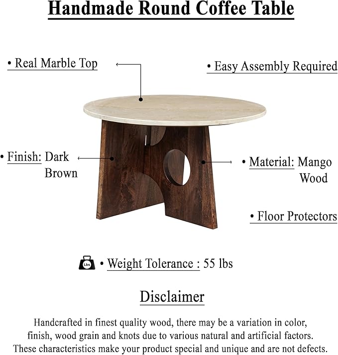 TUP THE URBAN PORT Kali Coffee Table | 27" Natural Round Marble Tabletop | Dark Brown Mango Wood Sculptural Base