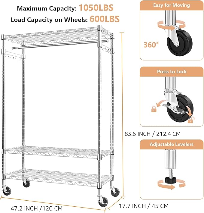 Heavy Duty Rolling Garment Rack 3 Tiers Adjustable Wire Shelving Clothes Rack with Rods and Side Hooks,Storage Closet Clothing Rack with Wheels Chrome 17.7" D x 47.2" W x 83.6" H