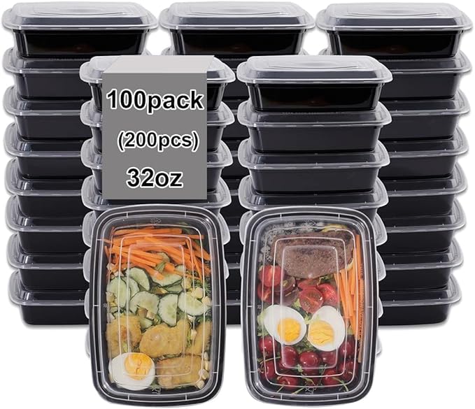 LIYH 100 Pack (200 Pcs) 32 Oz Meal Prep Food Storage Containers Black 1 Compartment Food Containers with Lids Lunch Boxes Plastic Bento Box Reusable Microwaveable Dishwasher Safe