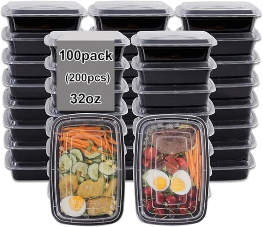 LIYH 100 Pack (200 Pcs) 32 Oz Meal Prep Food Storage Containers Black 1 Compartment Food Containers with Lids Lunch Boxes Plastic Bento Box Reusable Microwaveable Dishwasher Safe