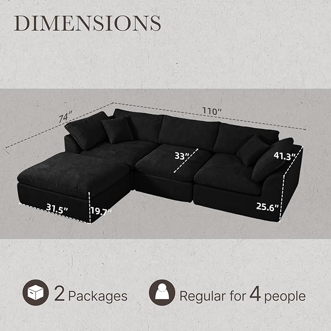 Cloud Modular Sectional Sofa Couch,110” L Sofa with Wide Armrest, Modern High-Density Sponge Compressed Sofa Couch for Living Room, Bedroom,No Assembly Needed (Black, 3 Seats+1 Ottoman)