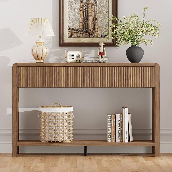 FATORRI Console Sofa Table for Entryway, Wood Foyer Tables for Living Room, Farmhouse Couch Table behinde Sofa with 2 Drawers for Hallway Storage (47.2 inch, Walnut)