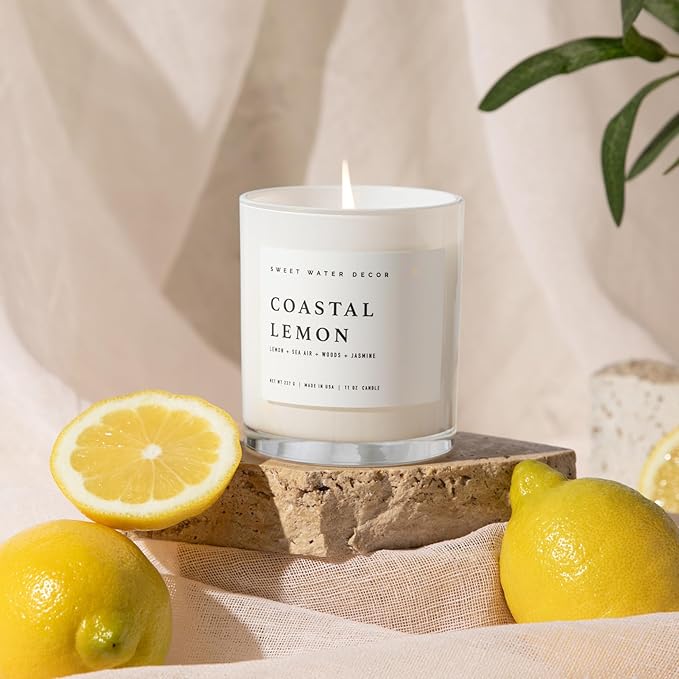 Sweet Water Decor Coastal Lemon Scented Candles - Soy Candles with Lemon, Sea Salt, & Driftwood for Home Decor - Candle Wax with 50 Hours Burn Time - 11Oz Wood Lid White Jar Candles for Home Scented