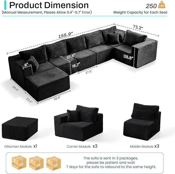 156" U Shaped Cloud Couch Sectional Couch with Deep Seat, 7 Seater Corduroy Modular Couches, Boneless Sofa with Removable Ottoman, Sectional Couches for Living Room, No Assembly Required, Black