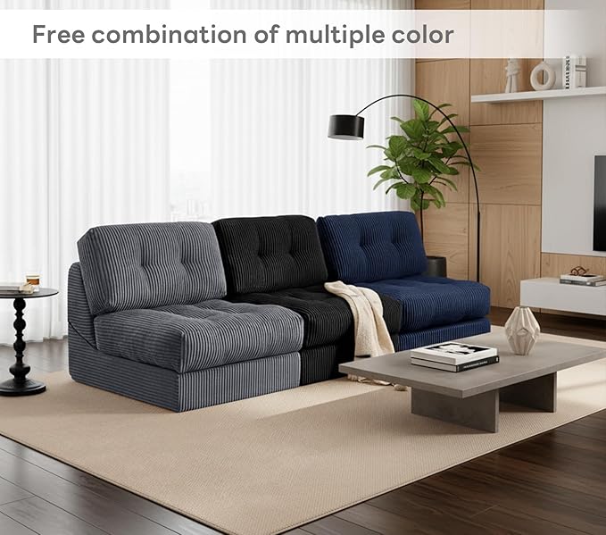 Tbfit 35.8'' Folding Sofa Bed, Convertible Sleeper Chair with Large Pillow, Corduroy Folding Couch Bed, Portable & Foldable Mattress Boneless Floor Sofa Set of 2, Blue