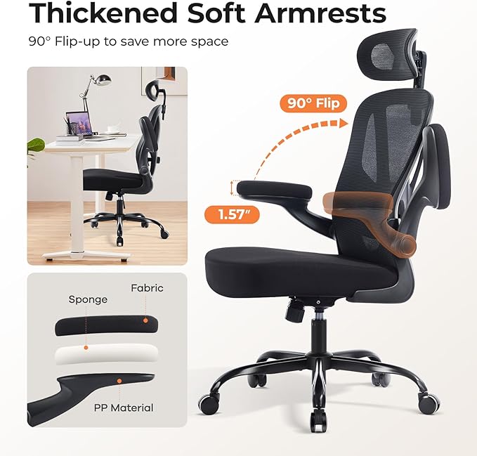 Office Chair Ergonomic Office Chair with Lumbar Support, Head Support, Rocking Function, FILP-up Armrests, Mesh High Back Chair Home Office Desk Chair, Suitable for Home, Office, Black