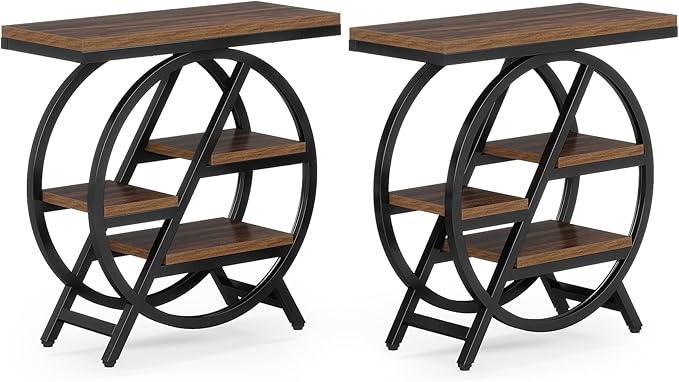 Tribesigns End Table Set of 2, 3-Tier Narrow Sofa Side Table with Storage for Living Room, Wood End Table with Geometric Metal Frame, Industrial Nightstand and Bedside Table for Bedroom, Rustic Brown