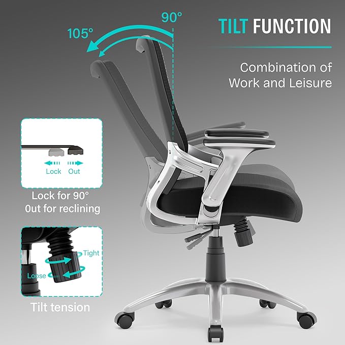SUNNOW Office Chair, Ergonomic Computer Desk Chair, Sturdy Executive Task Chair - Adjustable Lumbar Support, Flip-up Arms, Tilt Function, Comfy Wide Seat, Swivel Mesh Home Office Desk Chairs (Black)