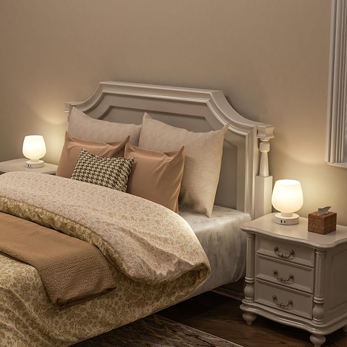 Touch Table Lamp for Nightstand Set of 2 - Bedside Lamp with USB C+A Charging Ports for Bedroom Living Room Night Stands, Desk Lamp with White Glass Shade for Small Spaces, 3 Way Dimmable