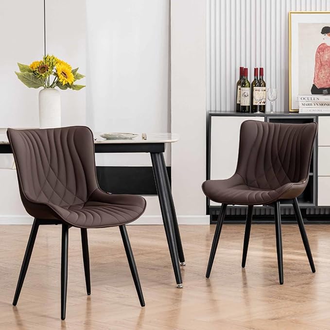 Kidol&Shellder Brown Dining Chairs Set of 2,Faux Leather Upholstered Mid Century Modern Kitchen&Dining Room Chair with Back,Ergonomic Armless Vanity&Living Room Chair with Metal Legs