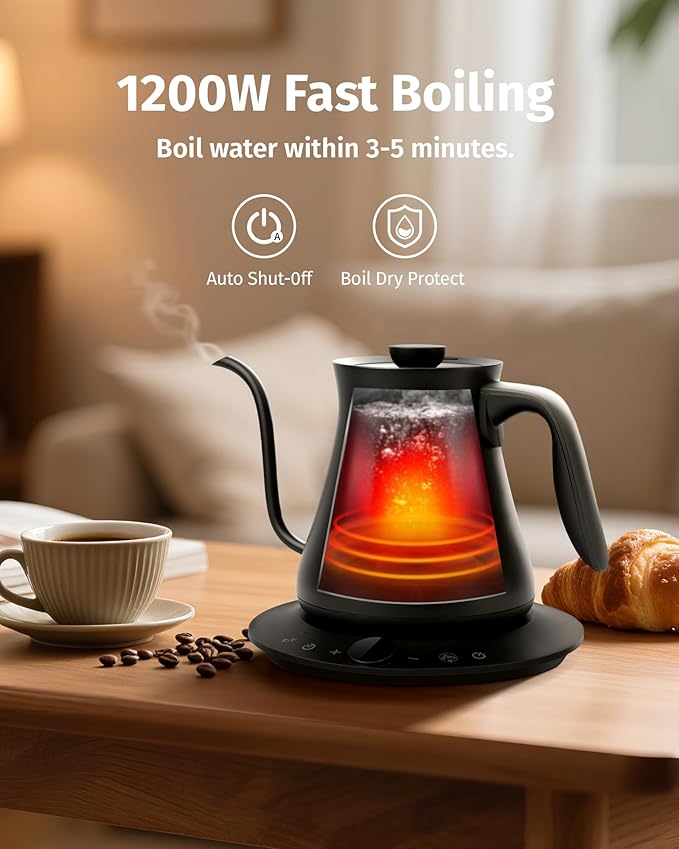 INFOOD 0.8L Gooseneck Electric Kettle, Precise Temperature Control for Pour Over Coffee & Tea, 1200W Fast Boiling Water, Auto Shut Off, Scheduling, Stainless Steel, Black