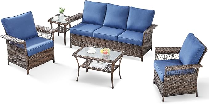 5 Pieces Wicker Patio Furniture Set - Hollow Widen Armrests Outdoor Rattan Chairs, 3 Seat Sofa with Coffee Table & Side Table, Small Patio Convention Set for Deck and Backyard - Brown/Blue