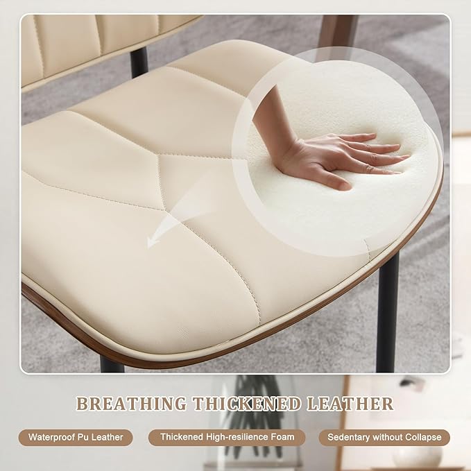 BV Mid Century Modern Dining Chairs Set of 4, Upholstered Pu Leather Armless Accent Chair with Walnut Bentwood Back, Retro Kitchen Chair for Dining Room, Living Room, Kitchen, Beige