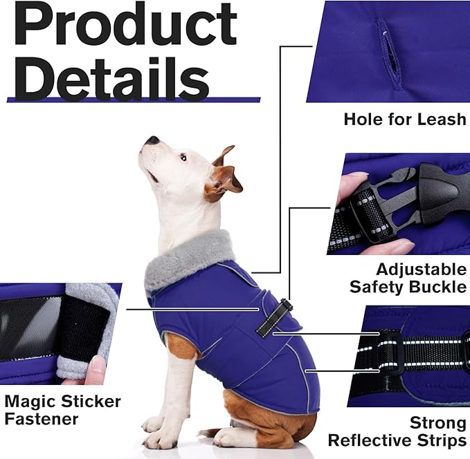 Lelepet Warm Dog Coat Reflective Fleece Vest Waterproof Dog Jacket with Adjustable Buckle Hook & Loop Windproof Cold Weather Coats for Small Medium Large Dogs, Blue, XXL