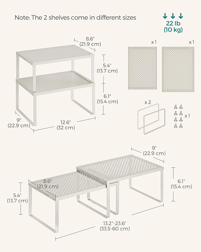SONGMICS Spice Racks, Set of 2 Metal Cabinet Shelf Organizers, Countertop Organizers, Shelf Risers, Stackable, Expandable, Oatmeal Beige UKCS001K01