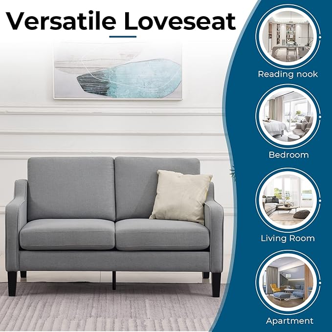 VINGLI Loveseat 53" Small Couch Loveseat Sofas for Living Room Mid Century Modern Sofa Couch Light Grey Love Seat Couches with Scooped Arms for Small Spaces, Bedroom, Apartment, Studio