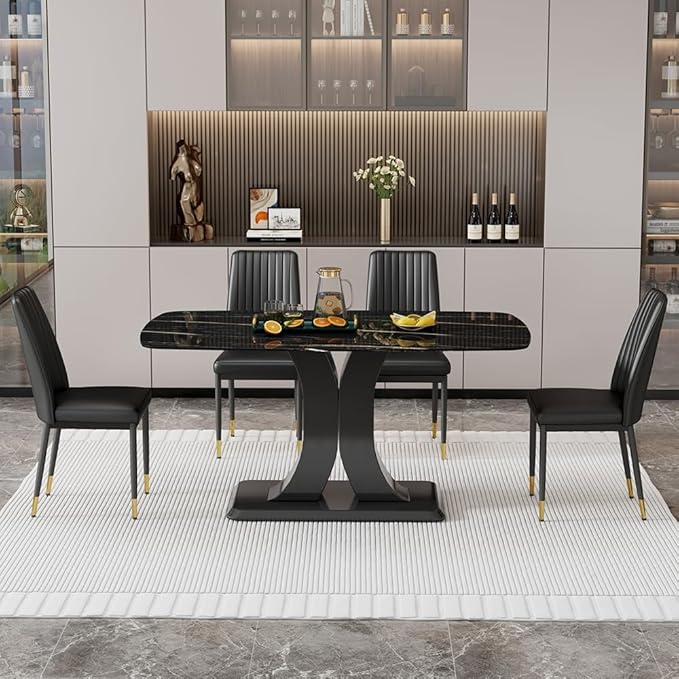Modern Dining Table & Matching 4 Chairs, Rectangular - Black Marble Top with Leather Upholstery, Perfect for Dining Room (Set of 1 Table + 4 Chairs)