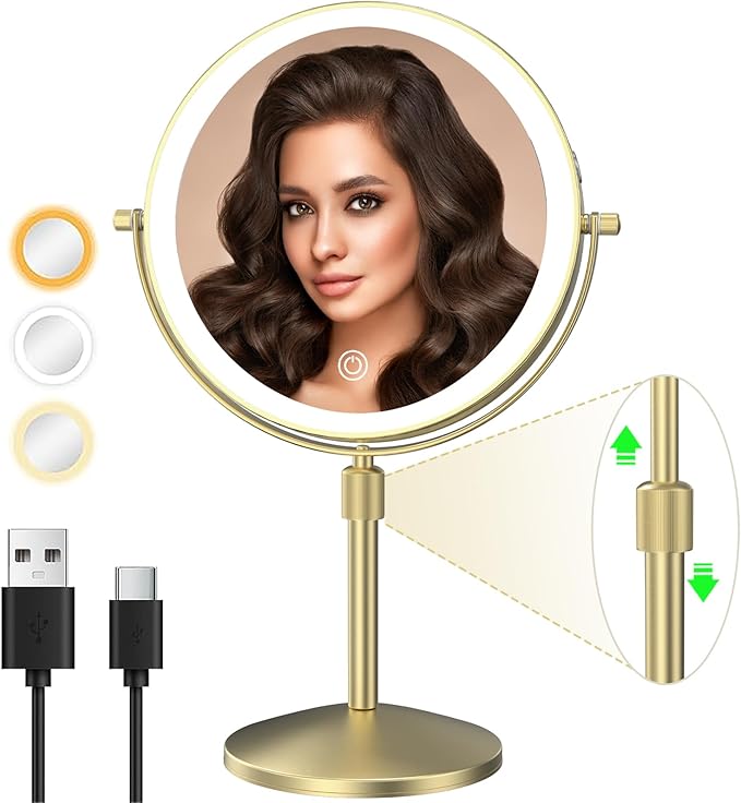 8" Lighted Makeup Mirror, 1X/10X Magnification Mirror with Lights, Double Sided Dimmable Mirrors, Rechargeable & Brightness & Height Adjustable, Cordless Vanity Mirror(Gold)