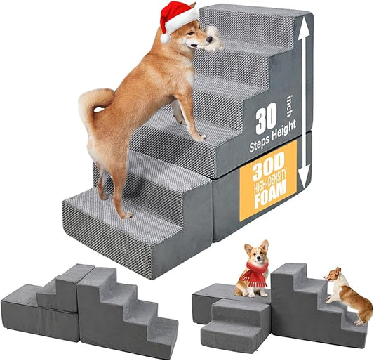30 Inch Dog Stairs&Steps- 6 Steps for High Beds 30-36" High, Non Slip Foam Ramp for Small Dogs/Cats & Older Pets Grey