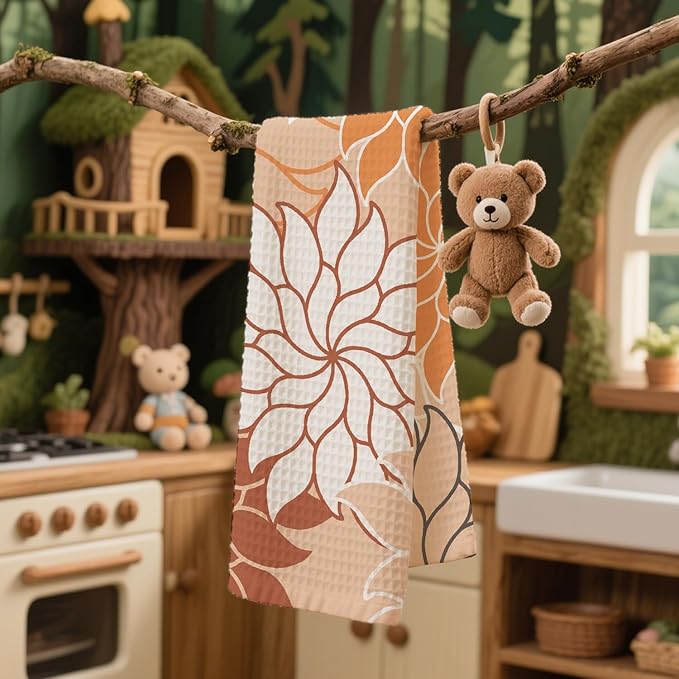 Boho Floral Abstract Waffle Towels, Flower Hand Towel for Bathroom Decor, 16x24 Inch Neutral Orange Color Flower Dish Tea Towel Decor for Kitchen/Bath/SPA,Gift for Friends.