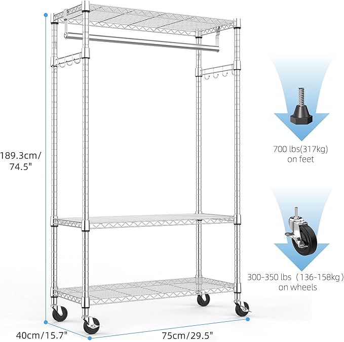 Heavy Duty Rolling Garment Rack 3 Tiers Adjustable Wire Shelving Clothes Rack with Rods and Side Hooks,Storage Closet Clothing Rack with Wheels Chrome 15.7" D x 29.5" W x 74.5" H