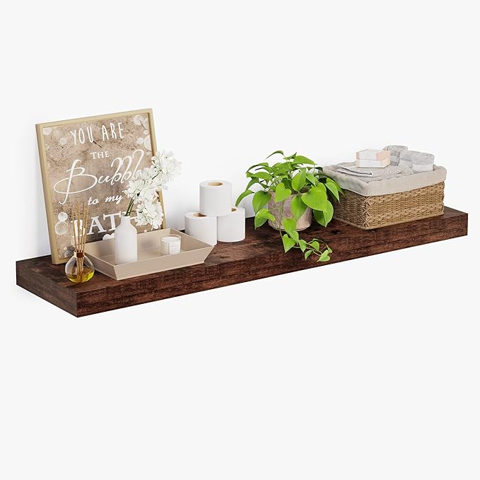 Heimlove 12 Inch Deep Floating Shelves, 55 x 12 inches Long Wall Shelf, Large Extra Display Shelf & Storage Shelf, Rustic Wood Wall Shelves for Fireplace Mantel, Set of 1(Rustic Brown)