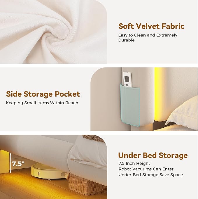 Queen Size Floating Bed Frame with LED Lights, Velvet Upholstered HeadboardBed Frame, Rounded Corners, Charging Station, No Box Spring Needed, Easy Assembly, White