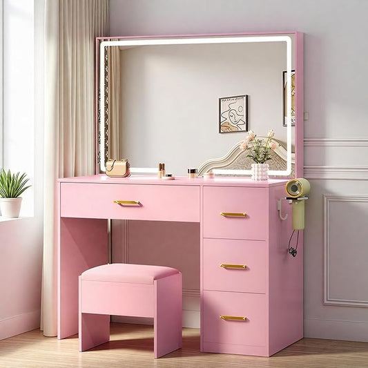 YITAHOME Pink Vanity Desk with LED Mirror: 35 inch Makeup Table with Charging Station, 4 Drawers and Stool, Adjustable Light Dressing Table for Women