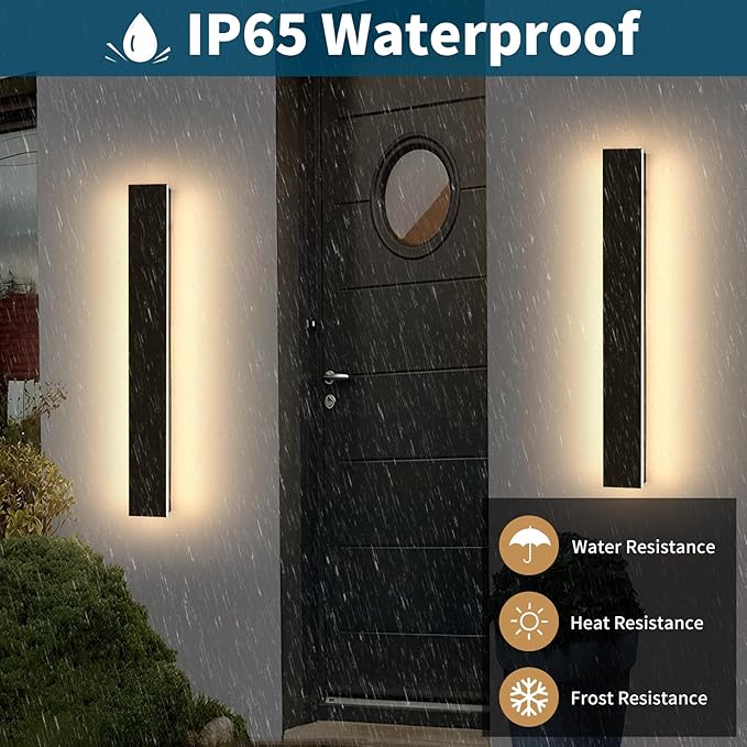 2 Pack Long Outdoor Porch Light, 23.6inch Modern LED Wall Sconce, IP65 Waterproof, 3 Color 3000K/4500K/6000K, 24W, Exterior Linear Lighting Fixture for Patio, Yard, Garage, Balcony
