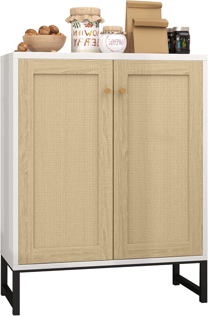 Panana Rattan Decorated 2 Doors Storage Cabinet Accent Cabinet Living Room Cupboard Kitchen Sideboard Buffet Table (White)