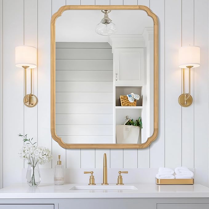 WallBeyond 30" x 40" Rounded Corner Arch Wall Mirror with Wood Frame for Entryway, Living Room or Bedroom Home Decor - Light Woodgrain [30 x 40 inches, Natural Color]