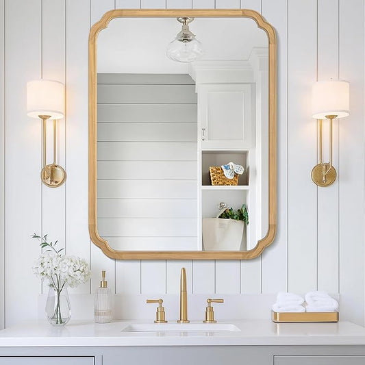 WallBeyond 30" x 40" Rounded Corner Arch Wall Mirror with Wood Frame for Entryway, Living Room or Bedroom Home Decor - Light Woodgrain [30 x 40 inches, Natural Color]