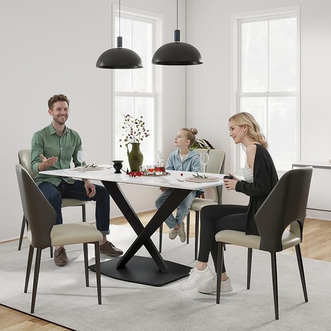 63" Modern Dining Table for 4-6 People, White Sintered Stone Table Top with X-Shape Carbon Steel Pedestal, Large Rectangular Table for Kitchen Living Room