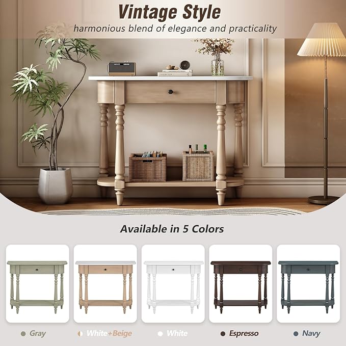 HMFULE Retro Curved Console Table, 36" Solid Wood Half Moon Console Table Sofa Table Entryway Table with 1 Drawer 1 Open Shelf Roman Legs Curved Corners for Living Room,Entryway,Hallway,White+Beige