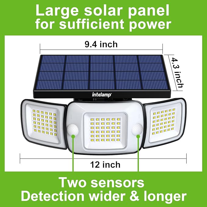 intelamp Solar Outdoor Lights,6000mAh Motion Sensor with Dual Sensors,Waterproof Solar Flood Lights 270°Wide Angle for Outside with 3 Modes