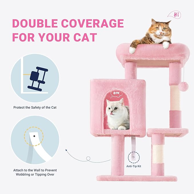 Allewie 29 Inches Cat Tree Tower/Plush Perches Platform/Condo/House/Sisal Scratching Posts/Multi-Level Activity Center Furniture for Kittens/Pink