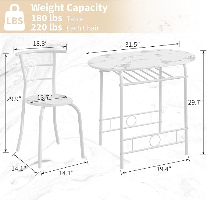 VECELO 3-Piece Dining Table Set for Kitchen Breakfast Nook, Faux Marbled Oval Tabletop and Metal Frame with Built-in Wine Rack, for Small Spaces, White
