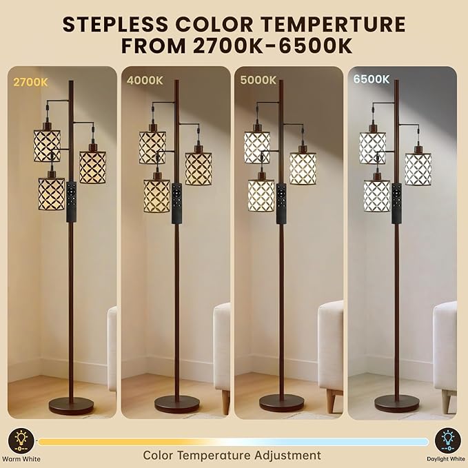 New Upgraded 72" Tall Dimmable Floor Lamp with 3 x 1100LM 12W Bright LED Bulbs, Farmhouse Standing Lamp with Remote Control, Industrial Tree Pole Floor Lamps for Living Room, Bedroom, Office - Brown