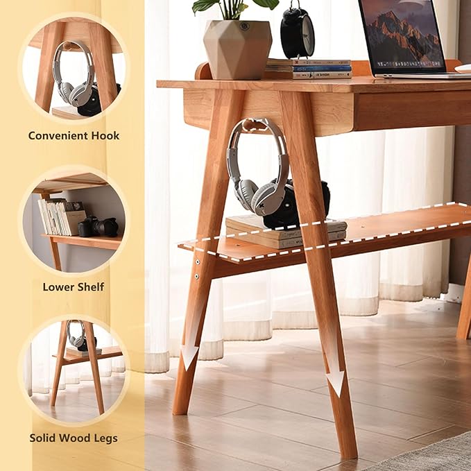 Solid Wood Desk, Mid Century Modern Desks Home Office Desks with Drawers Small Desk for Bedroom