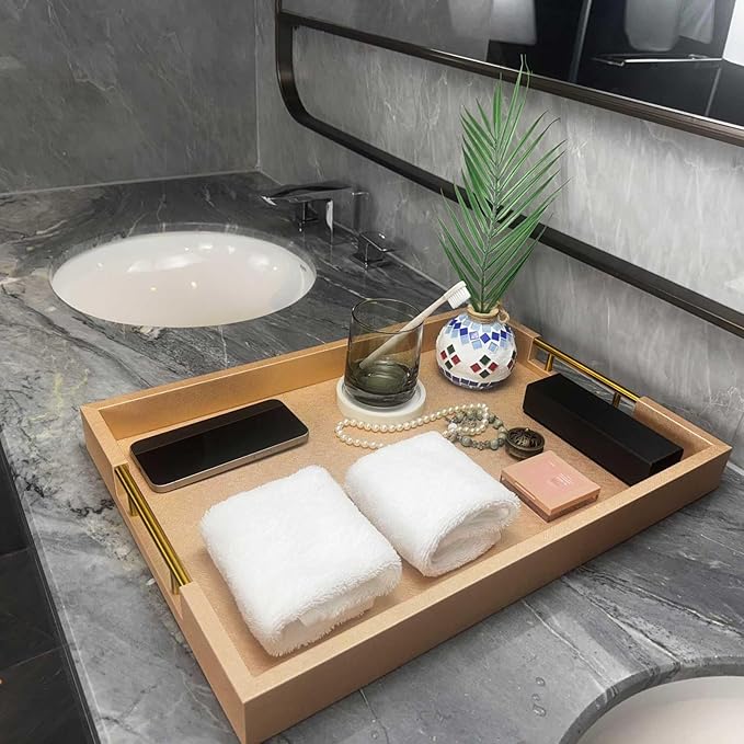 14x20 Inches Champagne Faux Leather Wrapped Wood Serving Tray with Metal Handles for Various Occasions, Ottoman, Home Decorative, Living Room, Coffee Table Organizer, Serving Breakfast On Bed