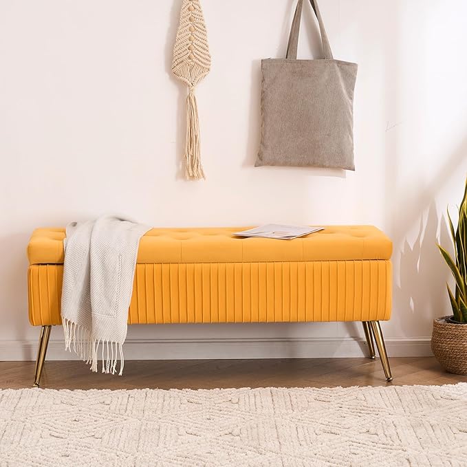 Velvet Storage Bench for Bedroom, Rectangle Upholstered End of Bed Bench Modern Tufted Ottoman with Gold Legs for Living Room/Window/Entryway (Mustard Yellow-45.5" W)