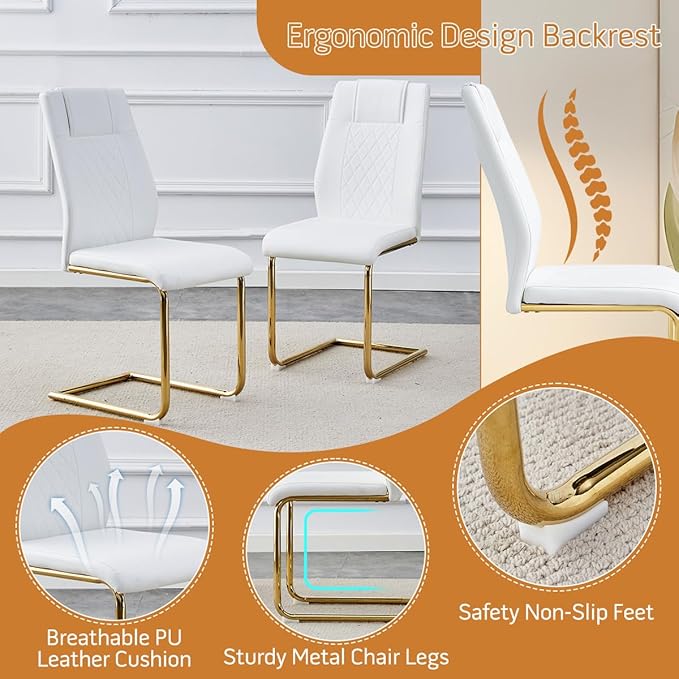 AZmac 63" Glass Dining Table Set for 6,Luxury Gold Dining Room Set with Stainless Steel Pedestal, Rectangular Tempered Glass Kitchen Table with PU Leather Chairs, for Kitchen Apartment