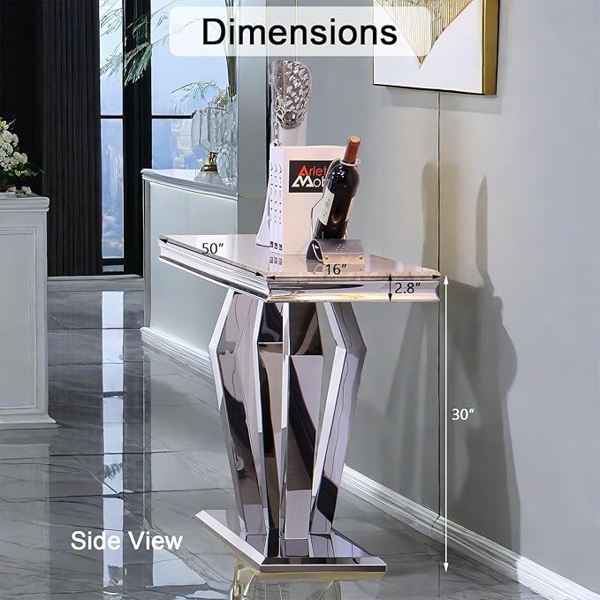 Silver Console Table, Luxury Grey and Silver Sofa Table, 50 inch Rectangle Entryway Table with Mirrored Geometric Base for Living Room, Hallway