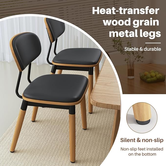 Dining Chairs Set of 4, Modern Faux Leather Upholstered Kitchen Chairs with Walnut Bentwood Back and Enlarged Seat Cushion, Metal Legs for Kitchen Dining Living Room, Restaurant