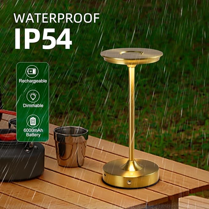 2 Pack Rechargeable Table Lamp, LED Cordless Table Lamp, 5000mAh Battery Operated Portable Table Light,Dimming for Restaurant/Patio/Outdoor(Gold)