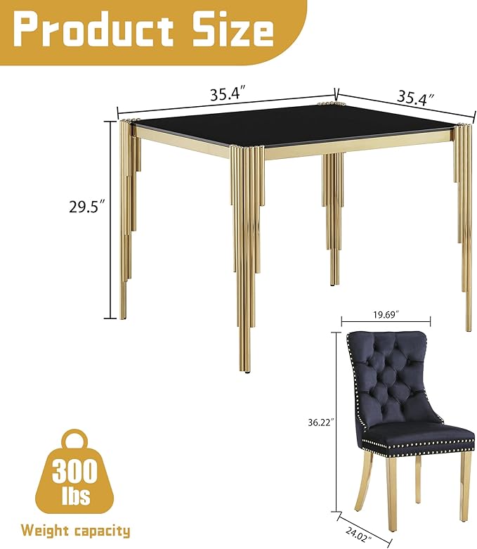 5 Piece Glass Dining Table Set, 35" Square Tempered Glass Kitchen Table with 4 Black Velvet Upholstered Chairs, Dining Chairs Set of 4 for Kitchen, Living Room (Black, Gold)