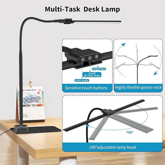 KableRika Desk Lamp Double Light: Bright Led Desk Lights for Home Office - Eye Care Reading Table Lamps with Base - Dimmable Desktop Lighting for Computer Monitor Study Drafting